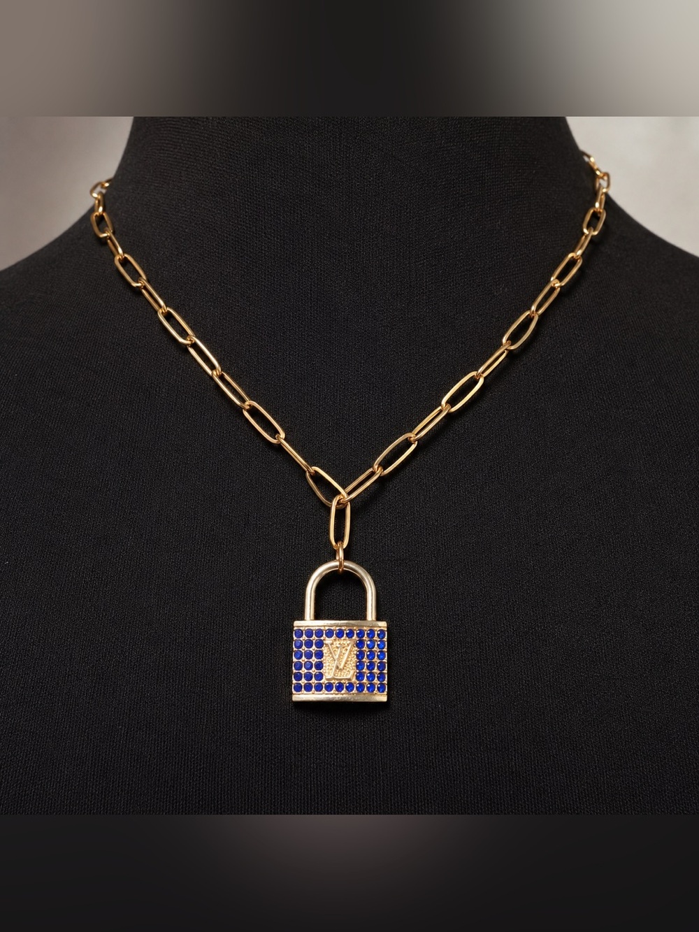 LV Lock Pendant Necklace with Blue Crystals in Gold